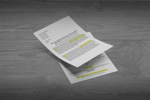 Two documents marked up in yellow on a wooden desk
